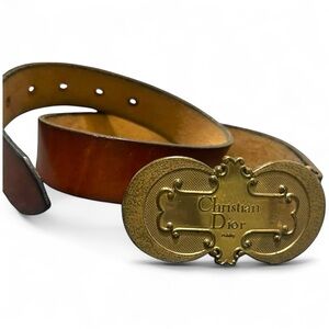 Authentic DIOR dark brown leather belt oversized Brass Buckle western S M medium